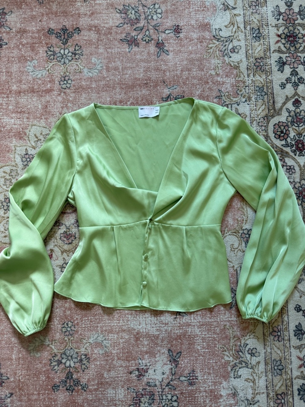 ASOS Light Green Satin V-Neck Peplum Blouse